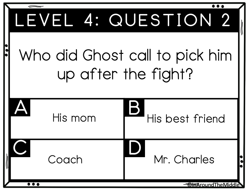 Escape Room sample review question for the novel Ghost by Jason Reynolds. Product by In Around the Middle on TPT. From a blogpost titled Novel Study Ideas for Mid-Year: How to Choose the right text for deeper thinking. By In Around the Middle @ aroundthemiddle.com